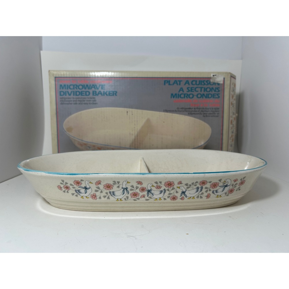 Vintage Country Geese Microwave Divided Baker Stoneware Oval Serving Dish 13.5"